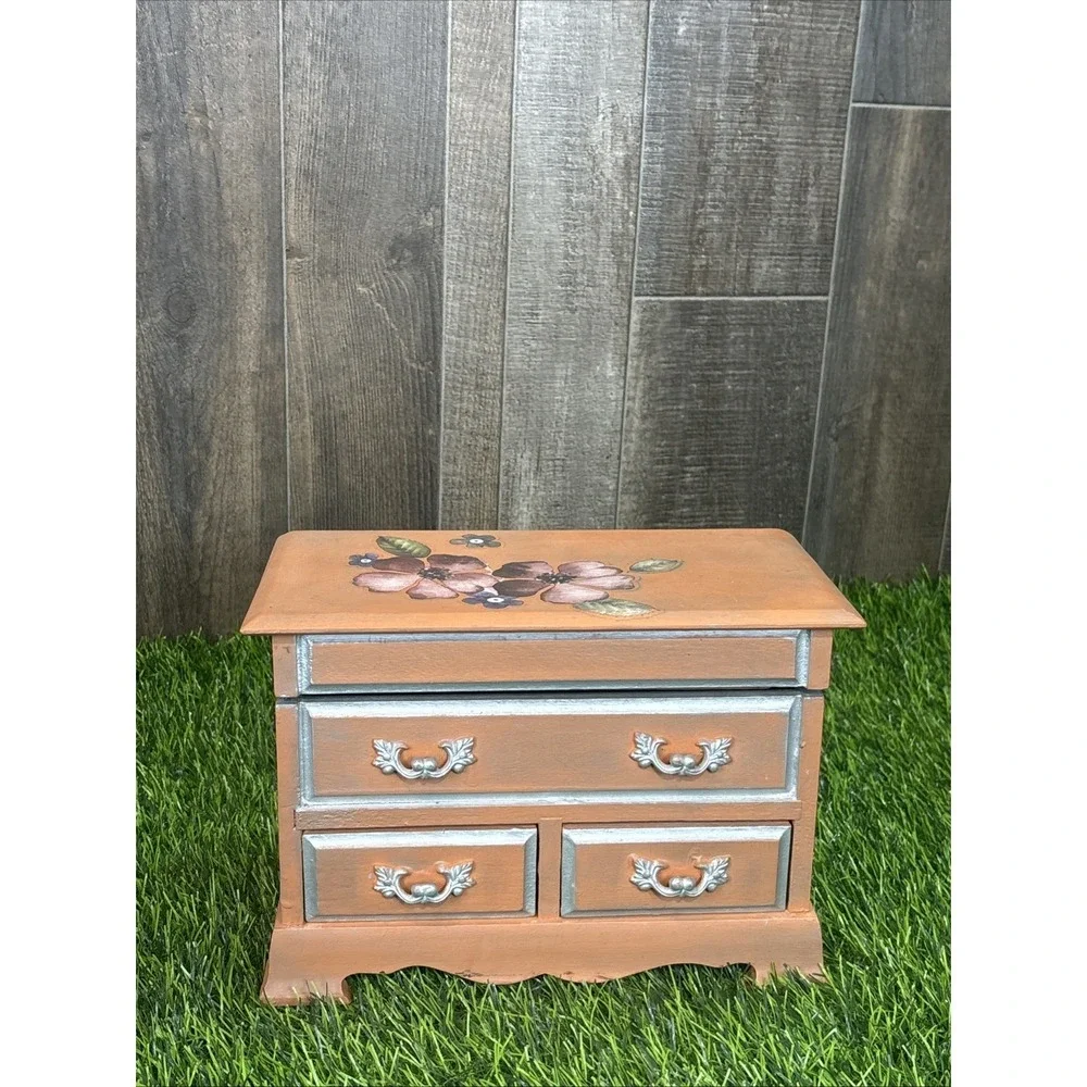 Vintage Hand Painted Wooden Jewelry Box Music Box (Not Working) Floral